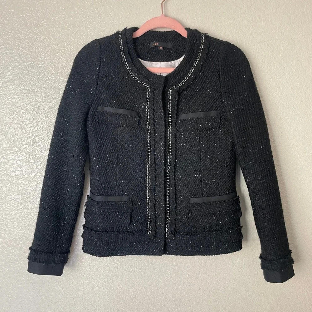 Maje Blazer Womens 36 Small Black Wool Tweed Knit Chain Trim Jacket Quiet Luxury
